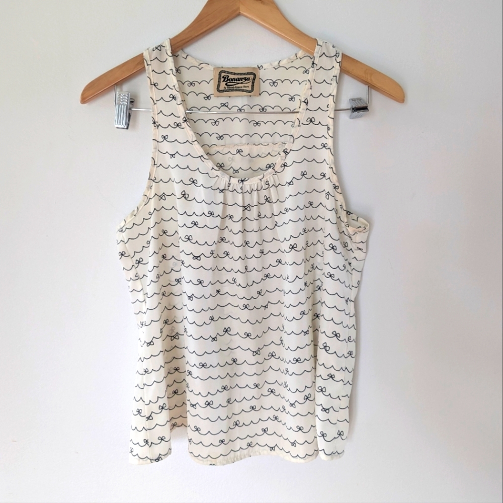 Bonanza By Biscuit Cream and Black Bow Patterned Tulip Back Design Top